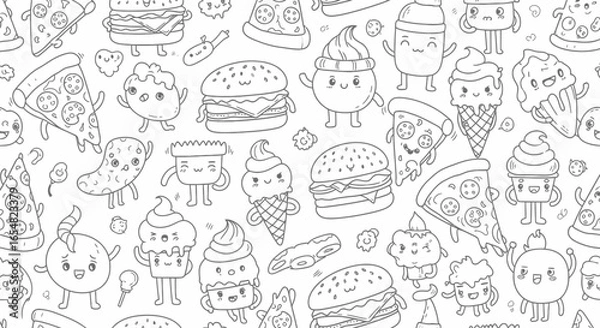 Fototapeta Cartoon food pattern featuring cute, smiling burgers, pizza slices, ice cream cones, and other snacks on a white background.