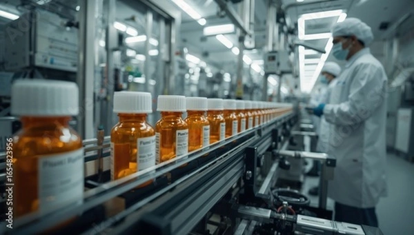 Fototapeta Pharmaceutical pill bottles filled and labeled under strict factory quality control