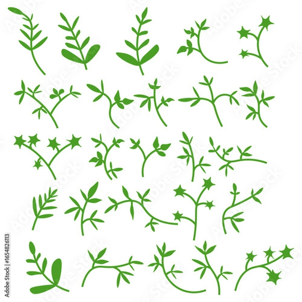 Obraz Green Leaf Cartoon Doodle Elements Set | Hand Drawn Botanical Vector Pack