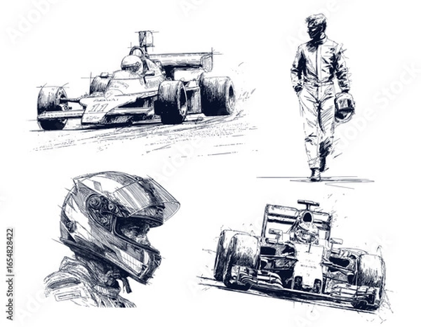 Fototapeta Formula 1 racer. F1 car pilot sketches, racers characters race fast sport championnat extreme competition man driver in helmet portrait tattoo sketch engraved vector illustration