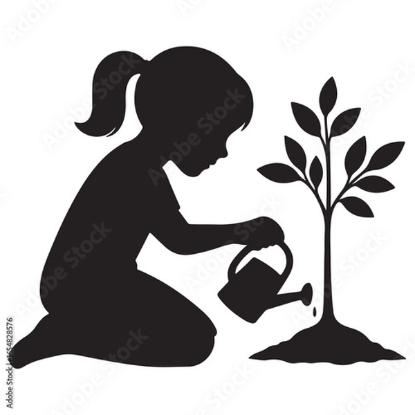 Fototapeta Silhouette of Child Nurturing Plant Vector Icon