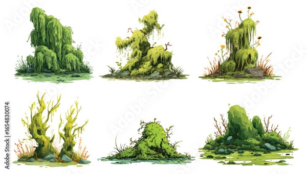 Fototapeta Swamp moss plants. Fungus plant on wooden stumps, lichen green marsh vegetation isolated game assets set mossy trees log stones forest jungle grass cartoon vector illustration
