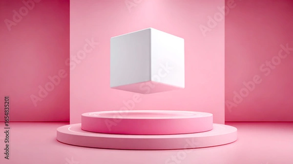 Fototapeta White box floating above a pink podium on a pastel background, 3D rendering illustration