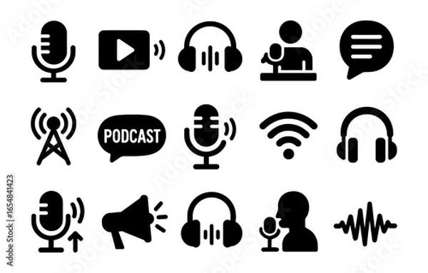 Fototapeta Podcasting icon set: microphone, headphones, audio symbols in bold black silhouette style