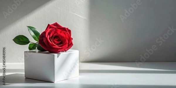 Fototapeta A single red rose rests gently atop a pristine white cube, bathed in the soft glow of sunlight streaming through a window, creating a serene and minimalist scene.