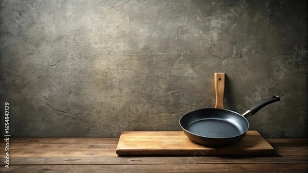 Fototapeta Rustic Kitchen Still Life Empty Frying Pan on Wooden Board Against Weathered Wall