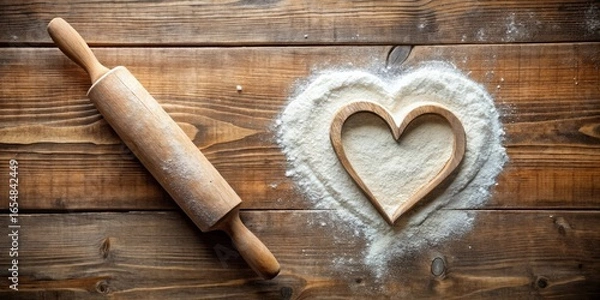 Fototapeta A rustic wooden rolling pin rests beside a heart-shaped flour design on a weathered wood surface, a symbol of homemade baking love