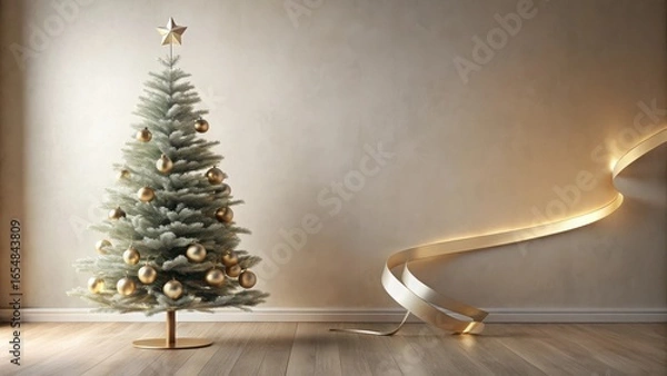 Fototapeta A Festive Winter Scene Featuring a Decorated Christmas Tree and a Swirling Light Fixture