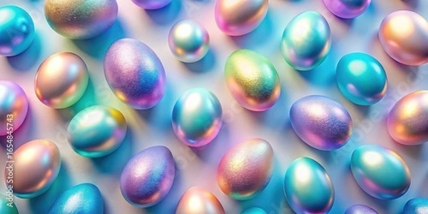 Fototapeta Iridescent Easter Eggs Scattered on a Light Background A Festive Springtime Arrangement