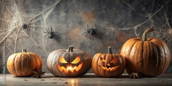 Fototapeta Spooky autumnal display featuring carved jack-o'-lanterns and decorative spiders against a textured background