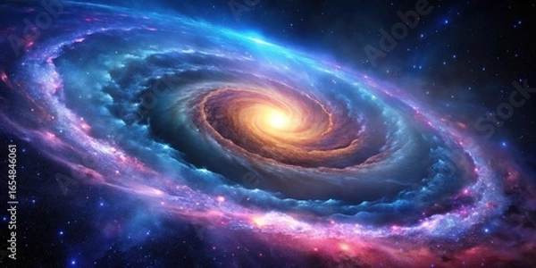 Fototapeta A Majestic Spiral Galaxy, Swirling Nebulae and Celestial Dust, Illuminated by a Brilliant Core, Displaying Vivid Hues of Blue, Purple, and Orange