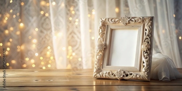 Fototapeta Elegant Ornate Frame on Wooden Table with Festive Lights