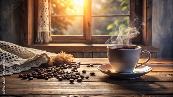 Fototapeta Aromatic Morning Coffee Steam Rising from a Mug on Rustic Wooden Table Near Window with Knitted Textile