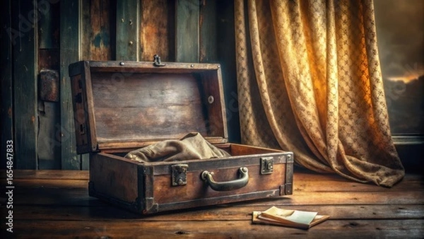 Fototapeta An antique wooden travel chest sits open, revealing a soft fabric interior, near a sunlit window with patterned curtains on a rustic wooden surface