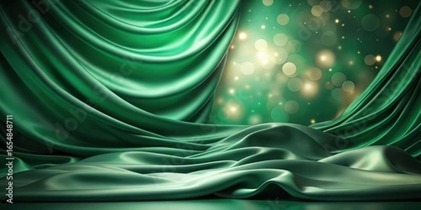 Fototapeta Emerald Green Silk Drapery with Glimmering Background, Ideal for Elegant Product Displays or Festive Designs