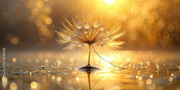 Fototapeta Golden Hour Dewdrop Dandelion A Serene Reflection in Nature's Embrace