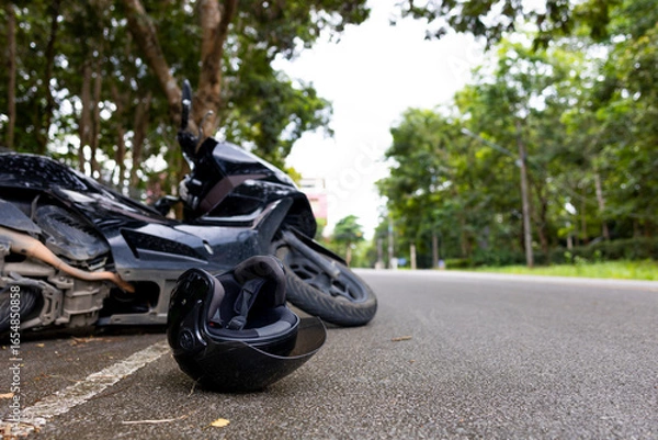 Fototapeta Motorcycle Accident Scene with Helmet and Save Life Safety Message
