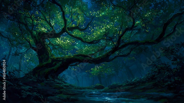 Fototapeta A digital painting of an ancient tree, its branches reaching towards the sky with vibrant green leaves that shimmer in the sunlight filtering through the dense foliage. 