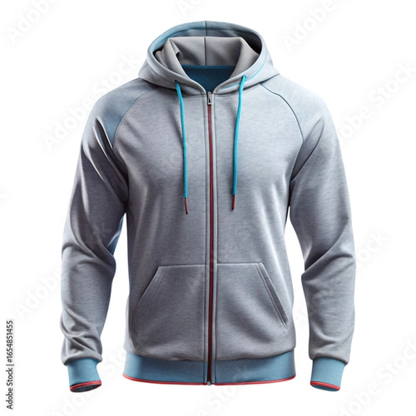 Fototapeta Photo of gray zipup hoodie with blue accents and pockets, isolated on transparent background