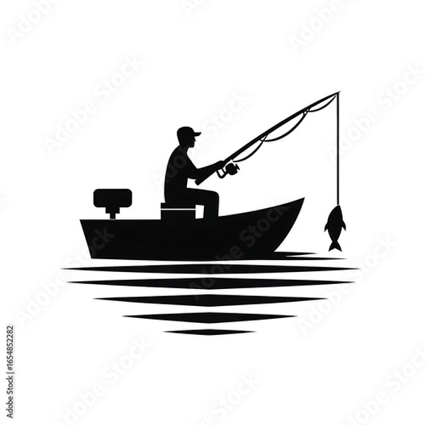 Fototapeta Angler on Boat Silhouette – Minimalist Fishing Vector Art

