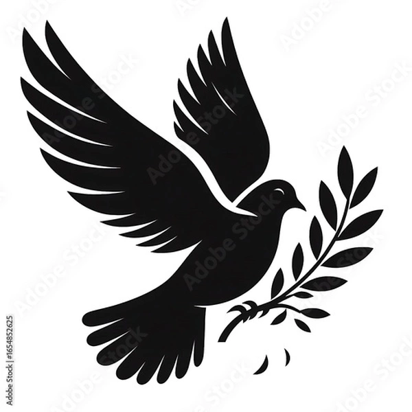 Fototapeta Black Silhouette of Flying Dove with Olive Branch – Minimalist Vector