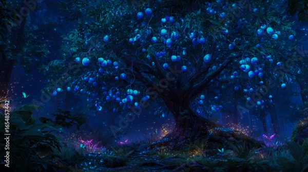 Fototapeta A glowing tree with luminous blue fruit in the heart of an enchanted forest, surrounded by fireflies and mystical creatures, creating a magical atmosphere