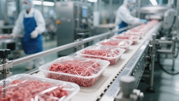 Fototapeta Packaged ground meat on conveyor belt inside modern food processing factory with workers in background.