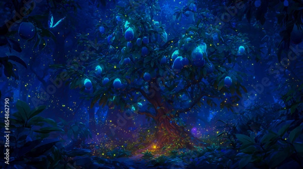 Fototapeta A glowing tree with luminous blue fruit in the heart of an enchanted forest, surrounded by fireflies and mystical creatures, creating a magical atmosphere
