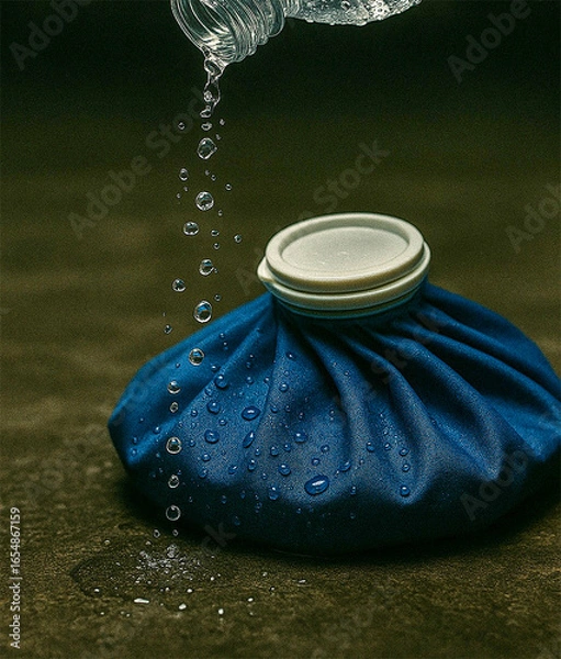 Obraz Water droplets falling from a plastic bottle onto a blue fabric ice bag placed on a dark surface, suggesting injury treatment or recovery.