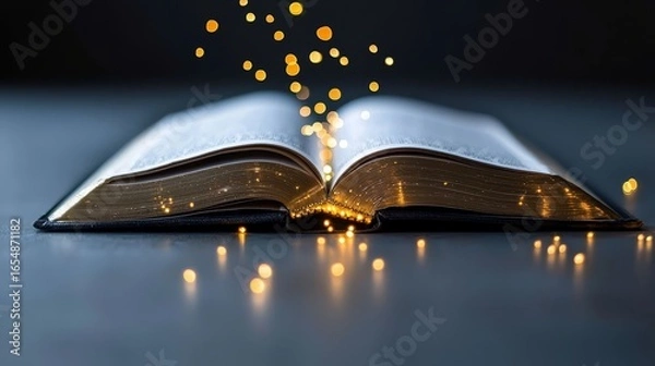 Fototapeta Book is open to a page with a glowing light on it. The light is falling on the pages of the book, creating a warm and inviting atmosphere. Concept of wonder and curiosity