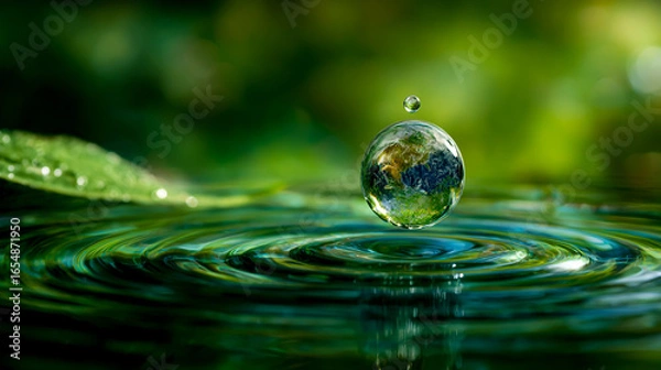 Fototapeta World Water Day concept the planet Earth in the form of a water drop falling on a green background with ripples and a grass leaf, a real photograph