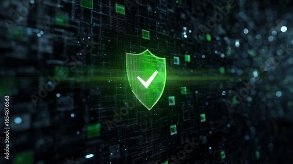 Fototapeta Digital technology background with a green security shield icon, with a check mark, concept for cyber security and data protection technology digital cybersecurity.