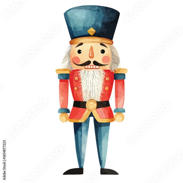 Fototapeta Watercolor Illustration of a Festive Nutcracker Soldier in Uniform Standing Proudly
