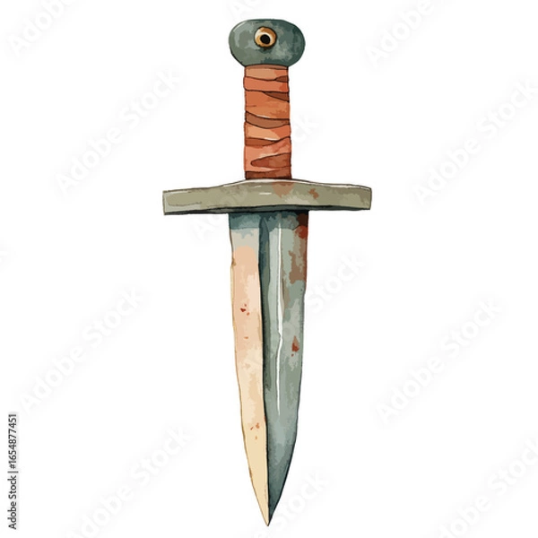 Fototapeta Watercolor Illustration of a Medieval Dagger with Detailed Handle and Blade