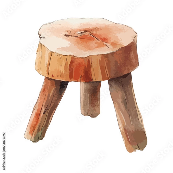 Fototapeta Watercolor Illustration of a Rustic Wooden Stool with Three Legs