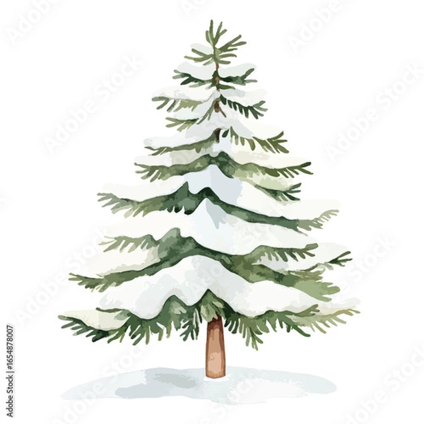 Fototapeta Watercolor Illustration of a SnowCovered Evergreen Tree with a Brown Trunk