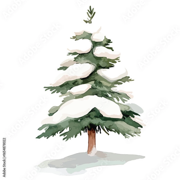 Fototapeta Watercolor Illustration of a SnowDusted Evergreen Tree with a Sprig on Top