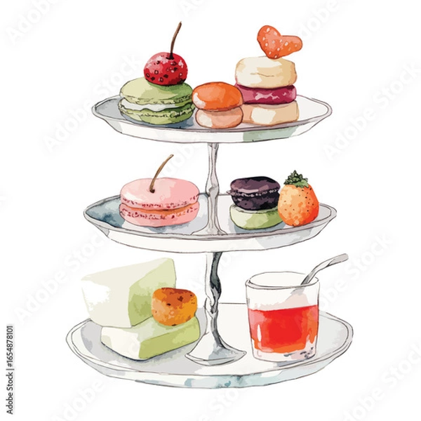 Fototapeta Watercolor Illustration of a Tiered Dessert Stand with Colorful Macarons and Treats