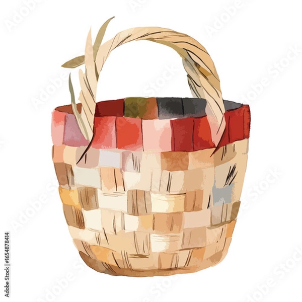 Fototapeta Watercolor Illustration of a Woven Basket with a Decorative Handle and Rim