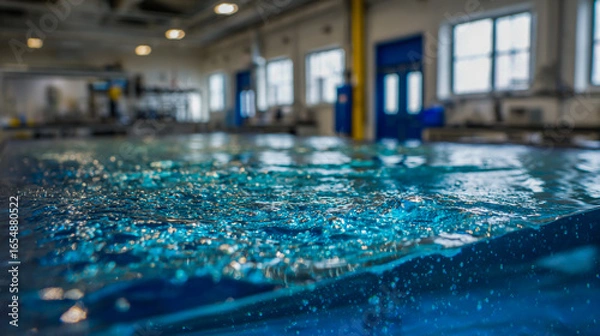 Fototapeta A high-resolution photograph of an underwater table in the laboratory, with water floating on top and bubbles visible at its surface.