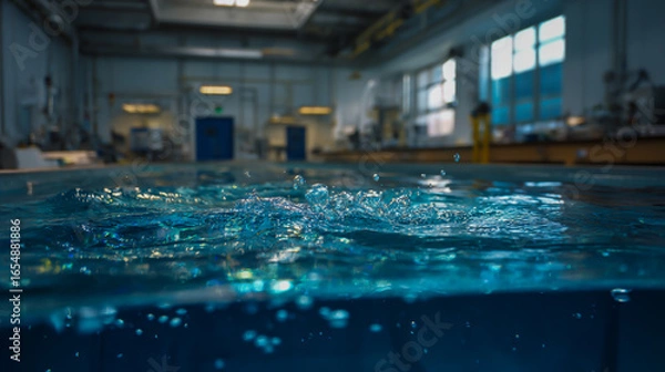 Fototapeta A high-resolution photograph of an underwater table in the laboratory, with water floating on top and bubbles visible at its surface.