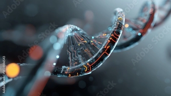 Obraz A futuristic DNA strand with techcircuit patterns
