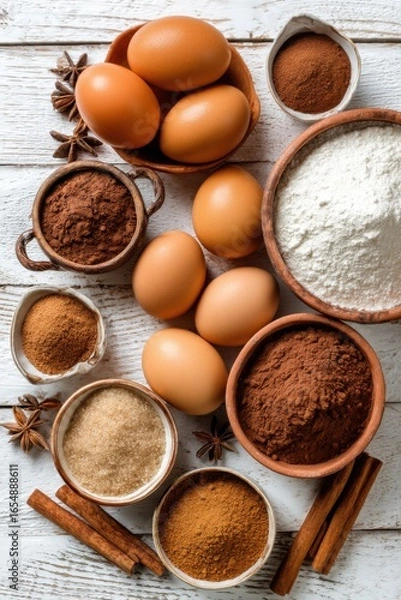 Fototapeta Baking ingredients flat lay on white wood table top down view eggs flour cocoa cinnamon sugar anise