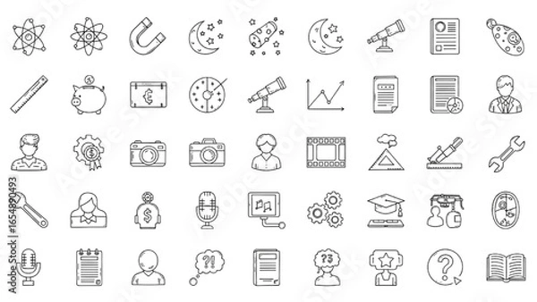 Fototapeta Modern School Subjects Doodle Icon Set – Hand Drawn Sketch Illustrations of Physics, Astronomy, Economics, Media, Engineering, Philosophy – Black and White Cartoon Educational Art
