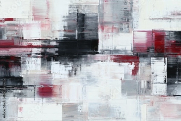 Fototapeta Abstract oil painting showing blocks of red gray black and white colors on canvas in square format