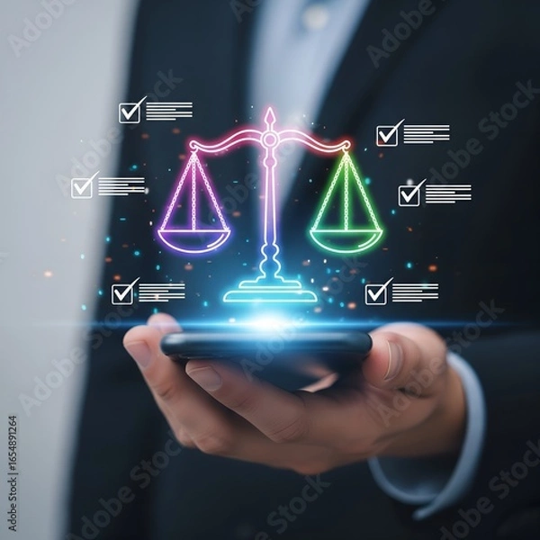 Obraz Digital justice scales glowing neon on a smartphone held by a person in a suit