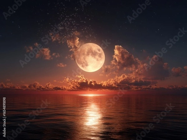 Fototapeta Full moon rising over ocean at night with stars and clouds reflecting in water surface scenic view