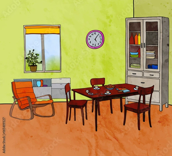 Fototapeta Color vector illustration of modern dining room with furniture: armchair, table, chairs, cupboard, window, pots, clock. Watercolor texture.