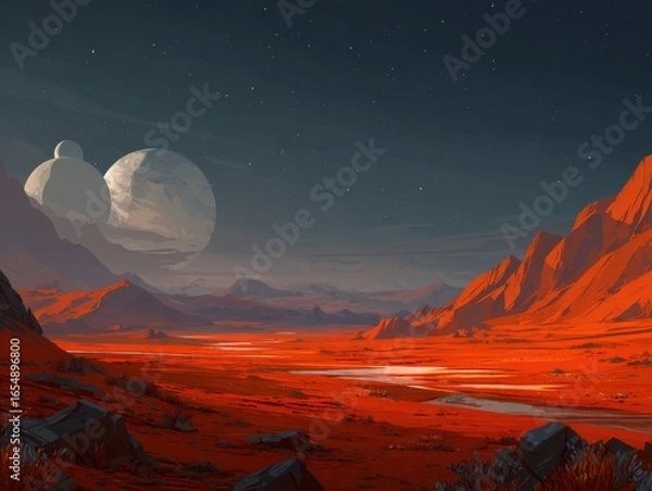 Fototapeta Alien planet landscape with red terrain and two moons digital painting scenic view stars