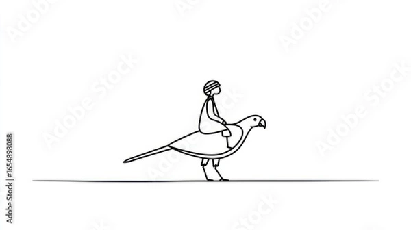 Fototapeta Simple line drawing of a person riding a bird